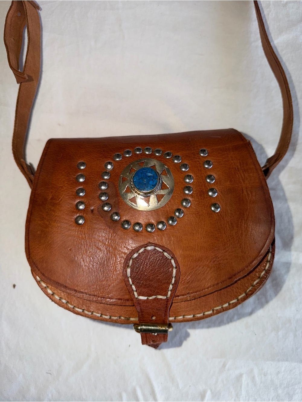 Brown Leather Crossbody Saddle Bag with Turquoise Accent